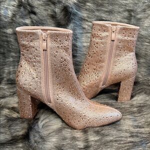 Top Moda Shoes Brazil Pointy Toe Boot Side Zip Rose Gold Glitter 3.5" Heel 5.5